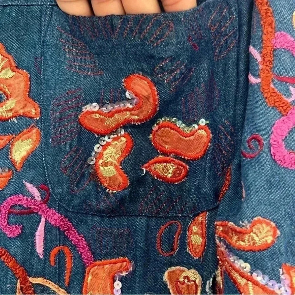 Julia Kim VTG Colorful Chambray Denim Embroidered Sequin Art Deco Jacket Sz XL - Picture 8 of 13